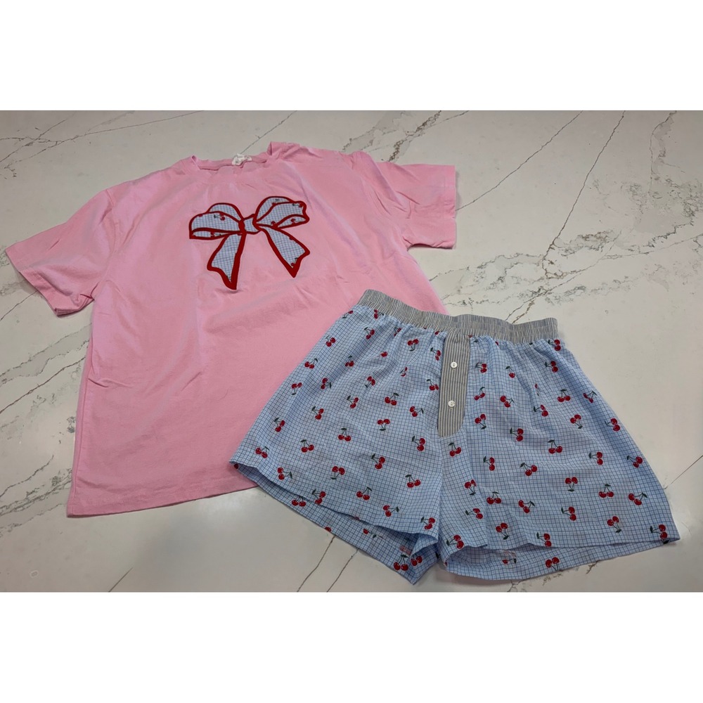 Rareraw Pink Bow Tee and Blue Gingham Cherry Pajama Shorts‎ Set Women S/M